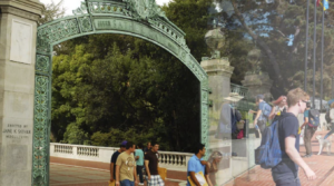 Background of UC Berkeley's Sather Gate with students walking on campus grounds