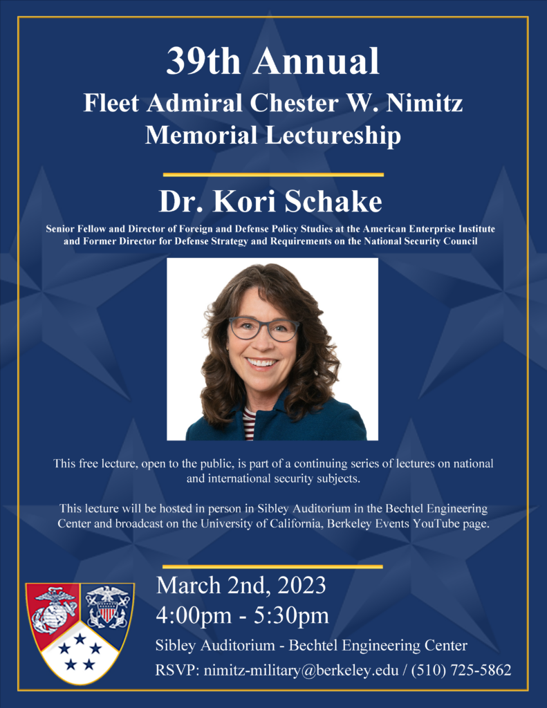 2023 Blue and Gold Lecture Flyer featuring Dr. Kori Schake